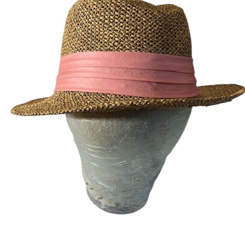 Liz Claiborne tan straw fedora hat with pink ribbon , perfect for  summer